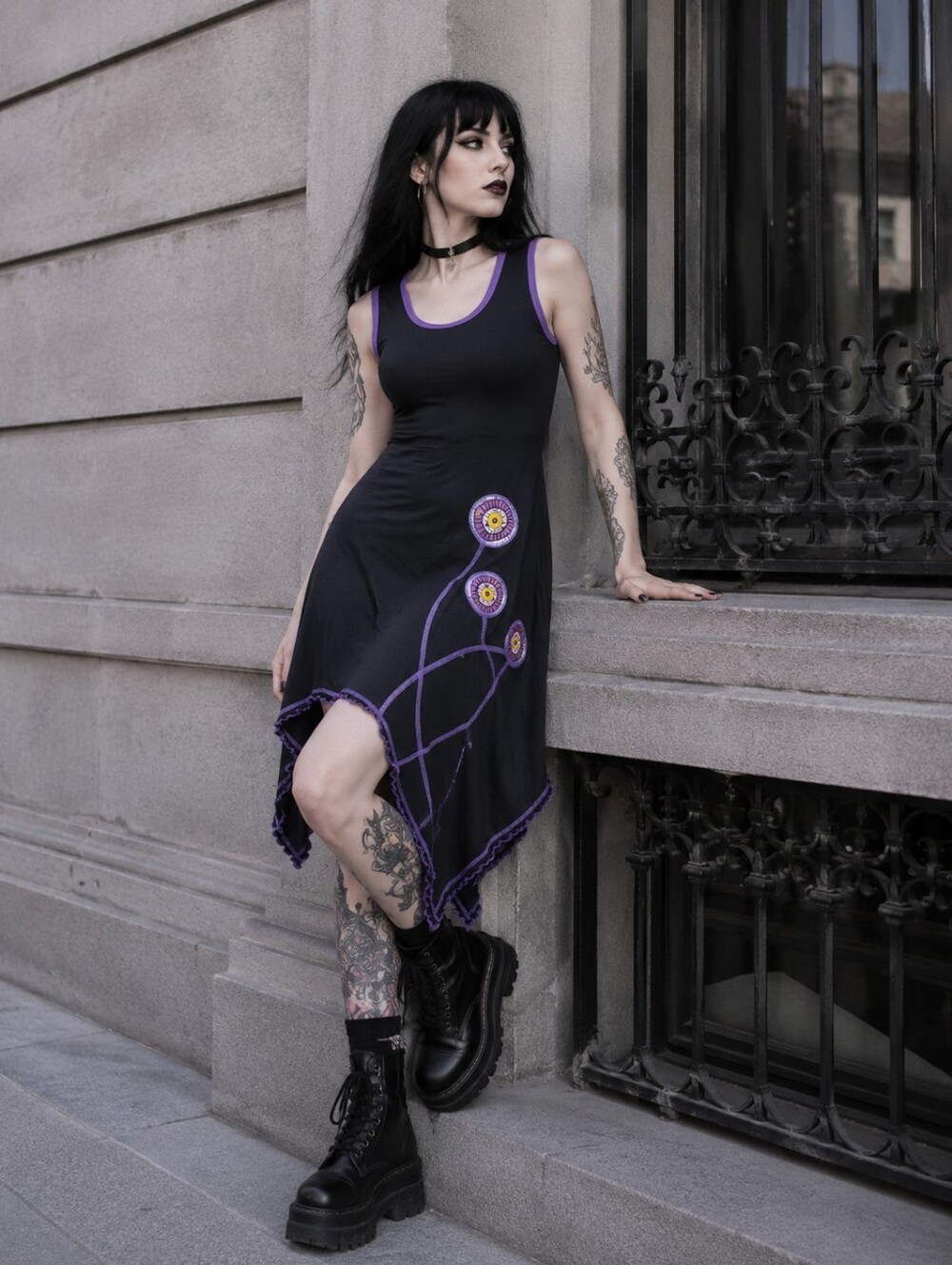 Goth Sleeveless Black Dress with Purple Trim and Floral Eyes Appliqué